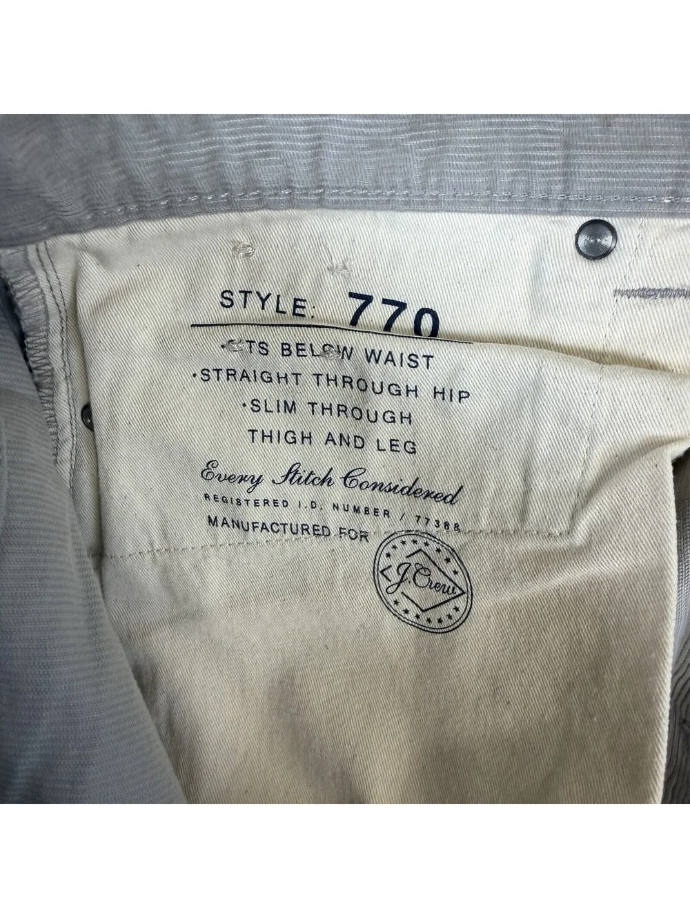 J.Crew 770 Corduroy Pants Mens 34x34 Gray Straight Stretch Chino 5 Pocket Zip